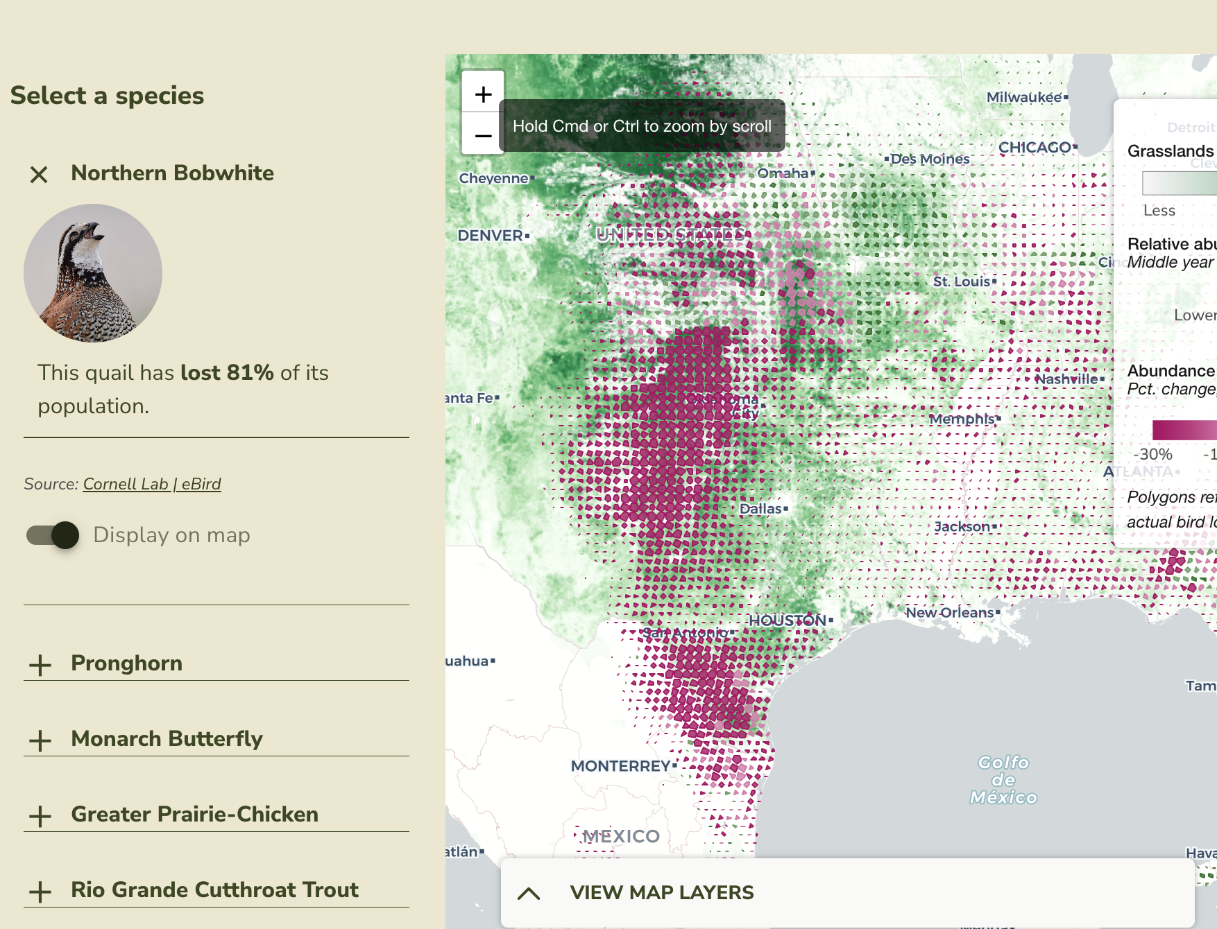 Data visualization story and interactive map of America's shrinking grasslands.