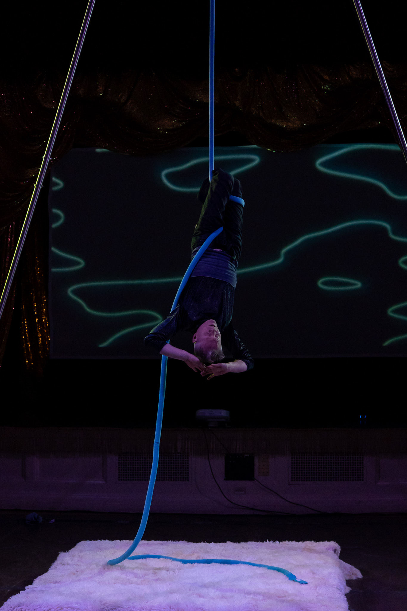 A photograph of an aerialist performing in front of a large projection screen with colorful visuals.  The aerialist is silhouetted against the projection, creating a striking contrast.