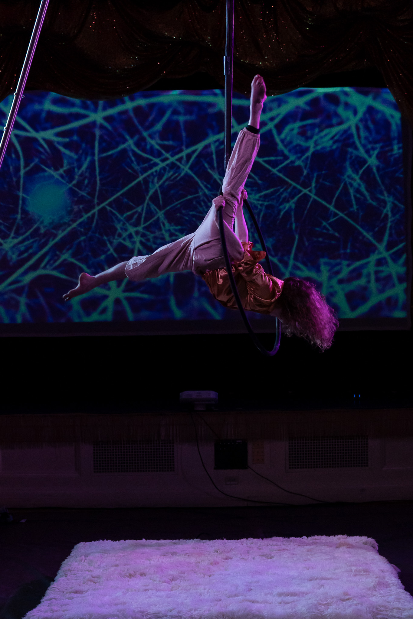 A photograph of an aerialist performing in front of a large projection screen with colorful visuals.  The aerialist is silhouetted against the projection, creating a striking contrast.